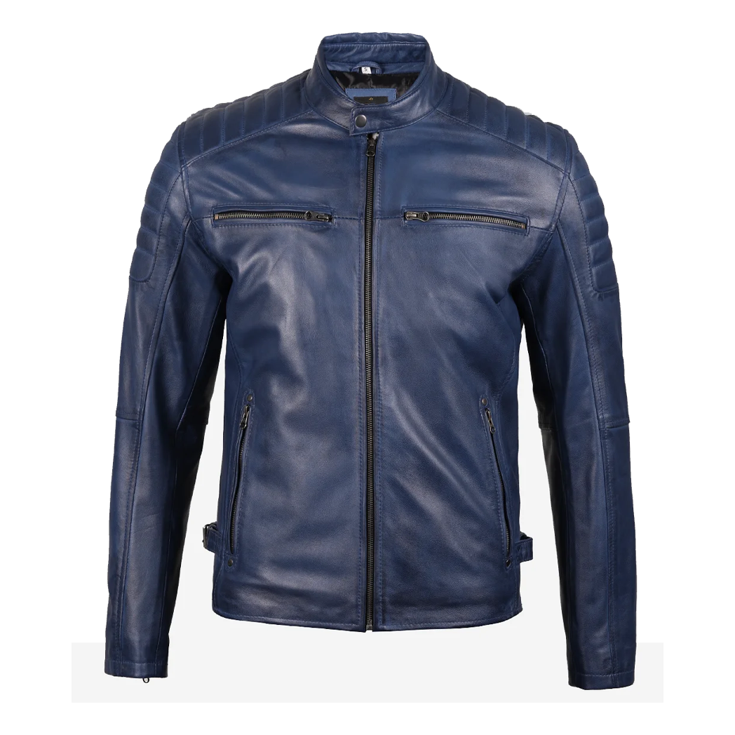 Mens Blue Waxed Biker Style Leather Jacket