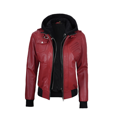 Womens Red Hooded Bomber Leather Jacket