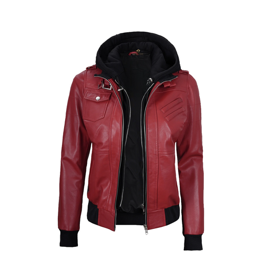 Womens Red Hooded Bomber Leather Jacket