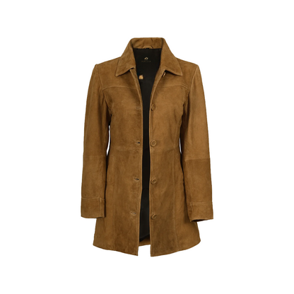 Women’s 3/4 Length Button Down Brown Suede Coat