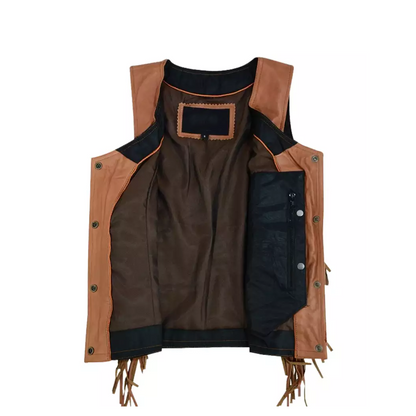 Women Brown Leather Vest with Fringe