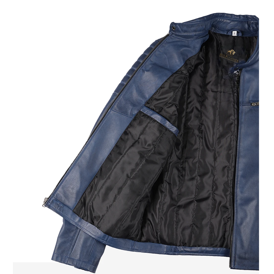 Mens Blue Waxed Biker Style Leather Jacket