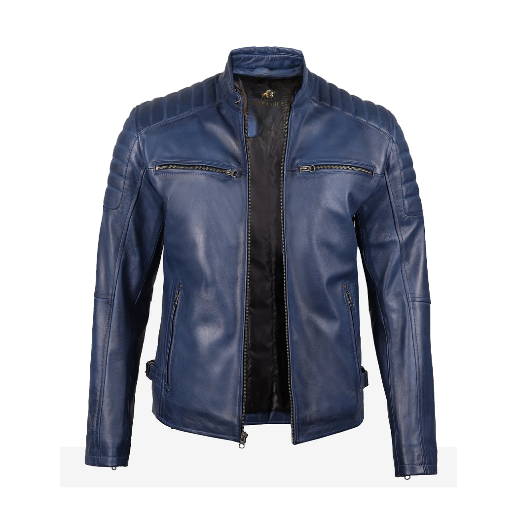 Mens Blue Waxed Biker Style Leather Jacket