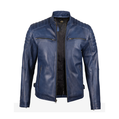 Mens Blue Waxed Biker Style Leather Jacket