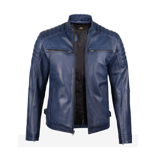 Mens Blue Waxed Biker Style Leather Jacket