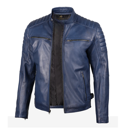 Mens Blue Waxed Biker Style Leather Jacket