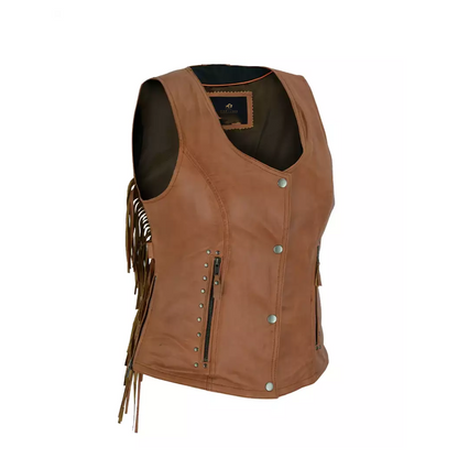 Women Brown Leather Vest with Fringe