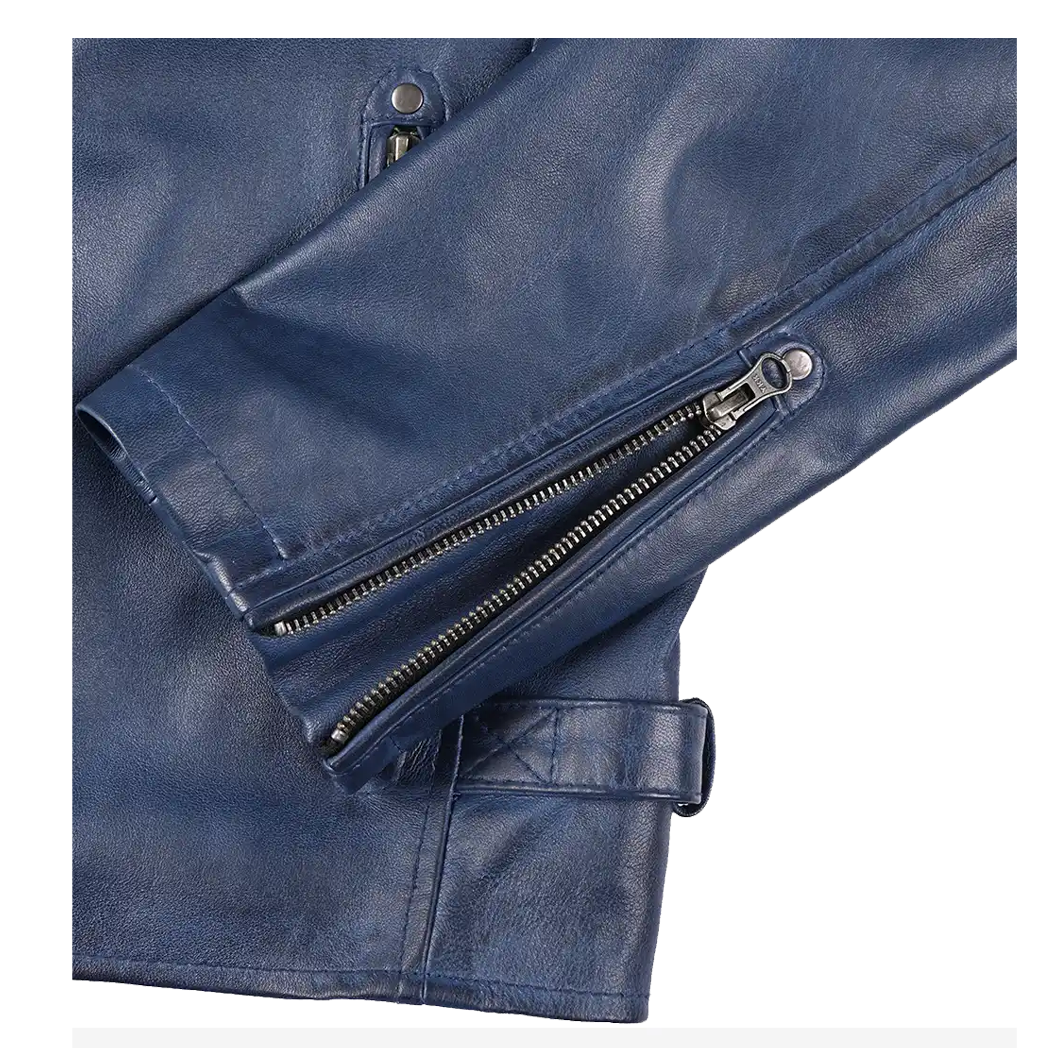 Mens Blue Waxed Biker Style Leather Jacket