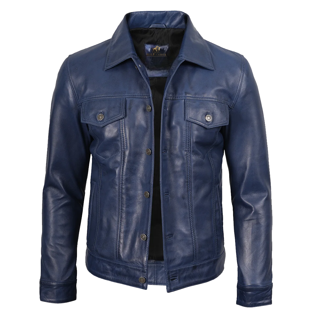 Mens Real Lambskin Leather Blue Trucker Jacket