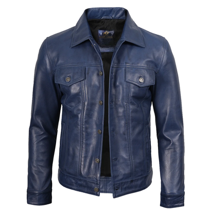 Mens Real Lambskin Leather Blue Trucker Jacket