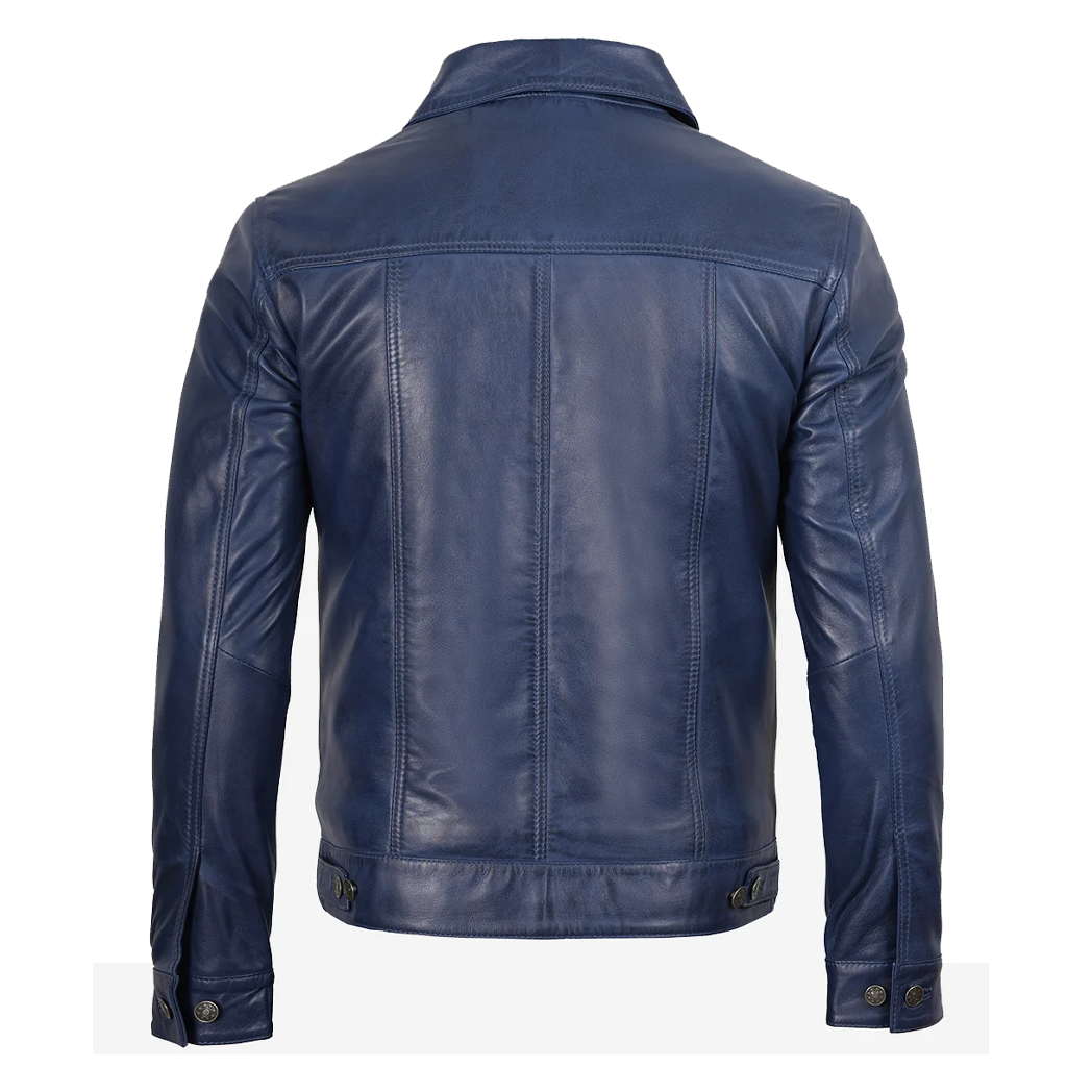 Mens Real Lambskin Leather Blue Trucker Jacket