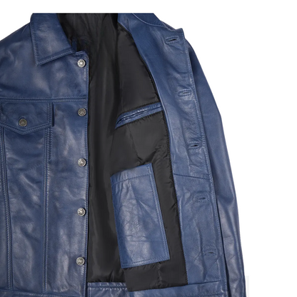 Mens Real Lambskin Leather Blue Trucker Jacket