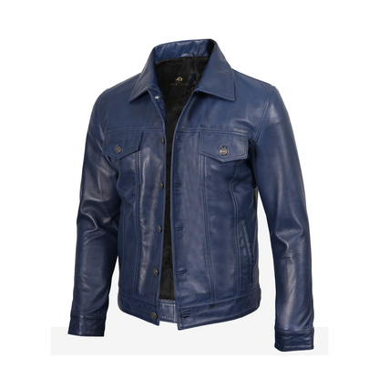 Mens Real Lambskin Leather Blue Trucker Jacket