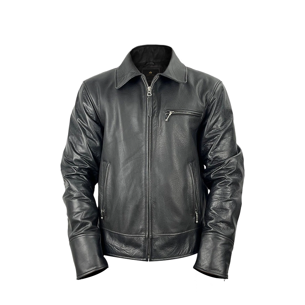 Men Black Leather Harrington Jacket