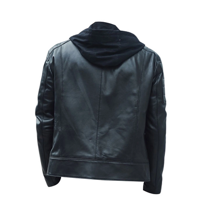 Men Leather Moto Hooded Jacket