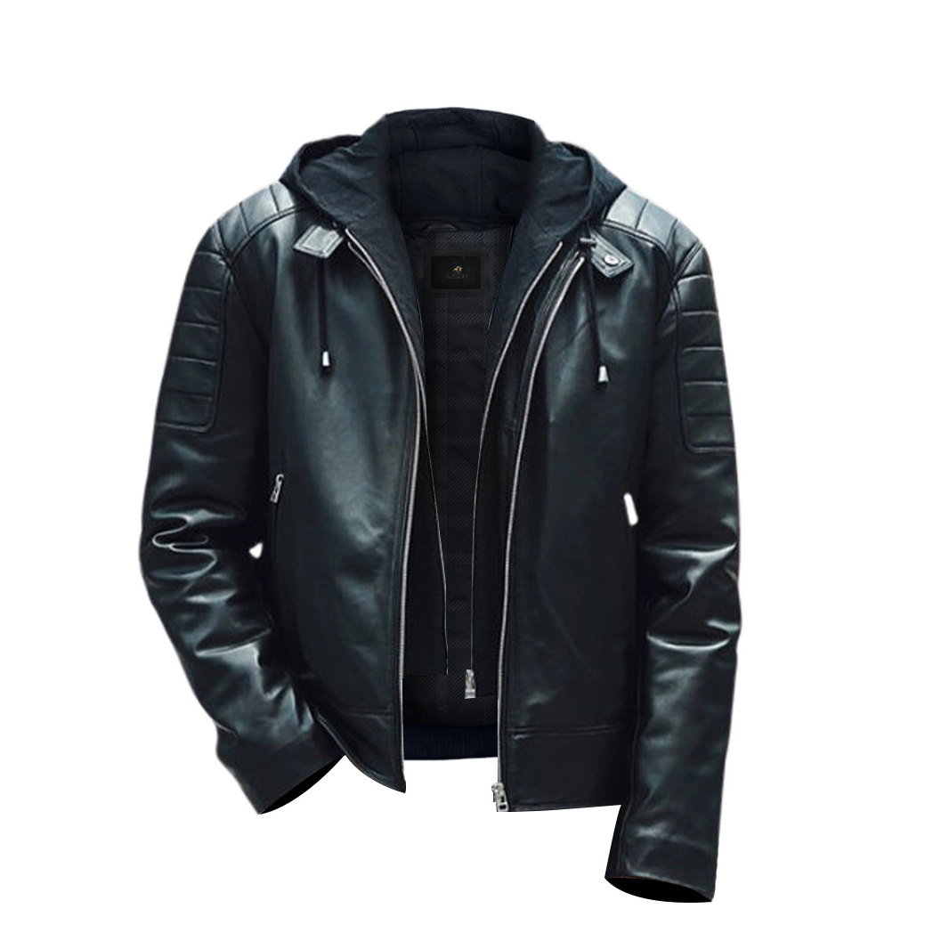 Men Leather Moto Hooded Jacket