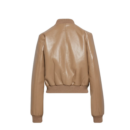 Women’s Camel Faux Leather Bomber Jacket