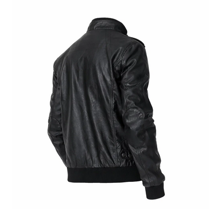 Men’s Versatile Black Trucker Leather Bomber Jacket
