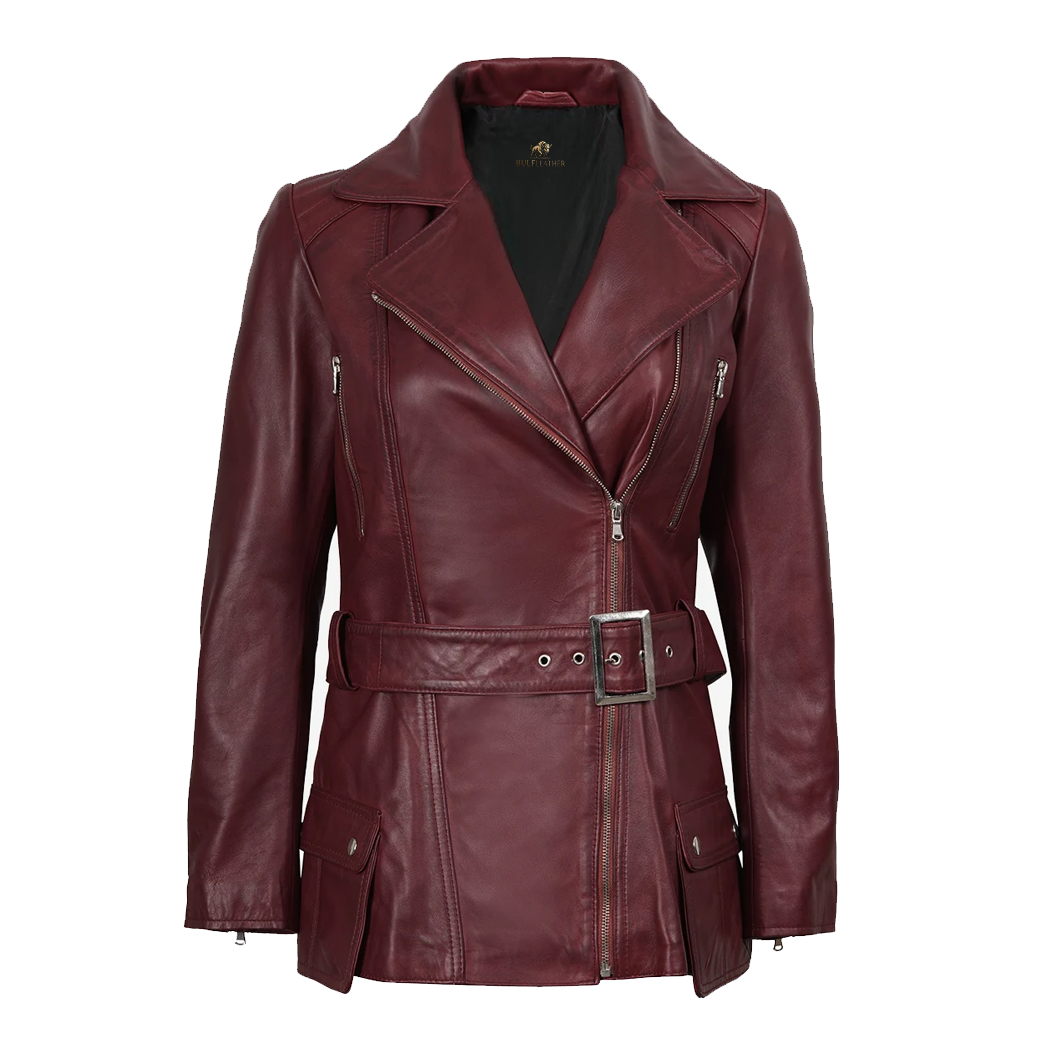 Women’s Asymmetrical Maroon Belted Biker Leather Jacket