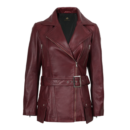 Women’s Asymmetrical Maroon Belted Biker Leather Jacket