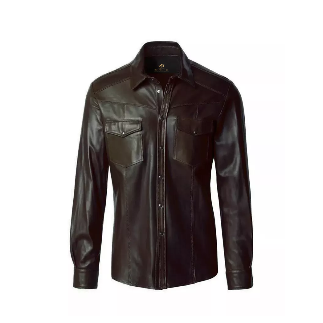 Men Genuine Button Down Classic Leather Shirt