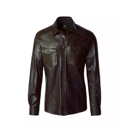 Men Genuine Button Down Classic Leather Shirt