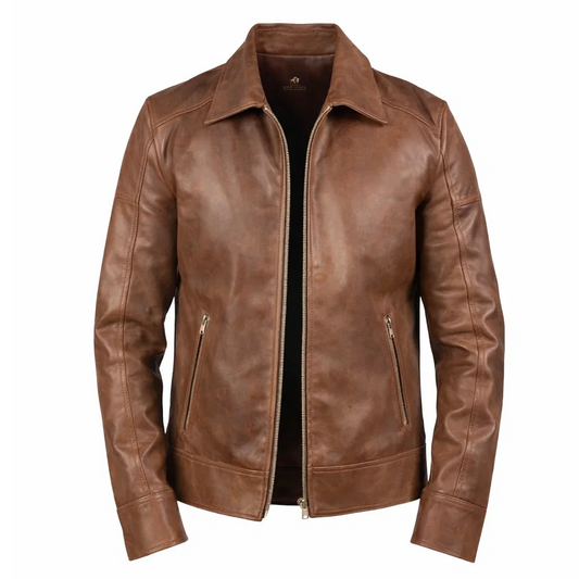 Reeves Men’s Brown Shirt Collar Leather Biker Jacket