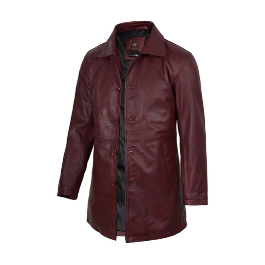 Men’s Burgundy 3/4 Length Real Leather Coat