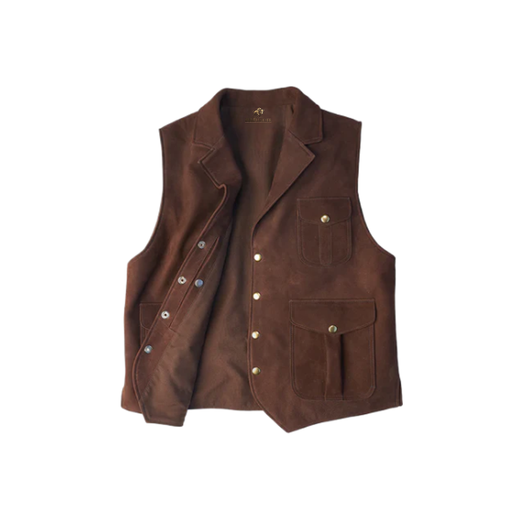 Men Brown Multi Pocket Style Leather Vest