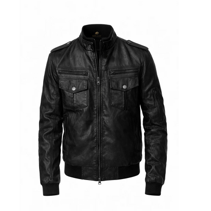 Men’s Versatile Black Trucker Leather Bomber Jacket