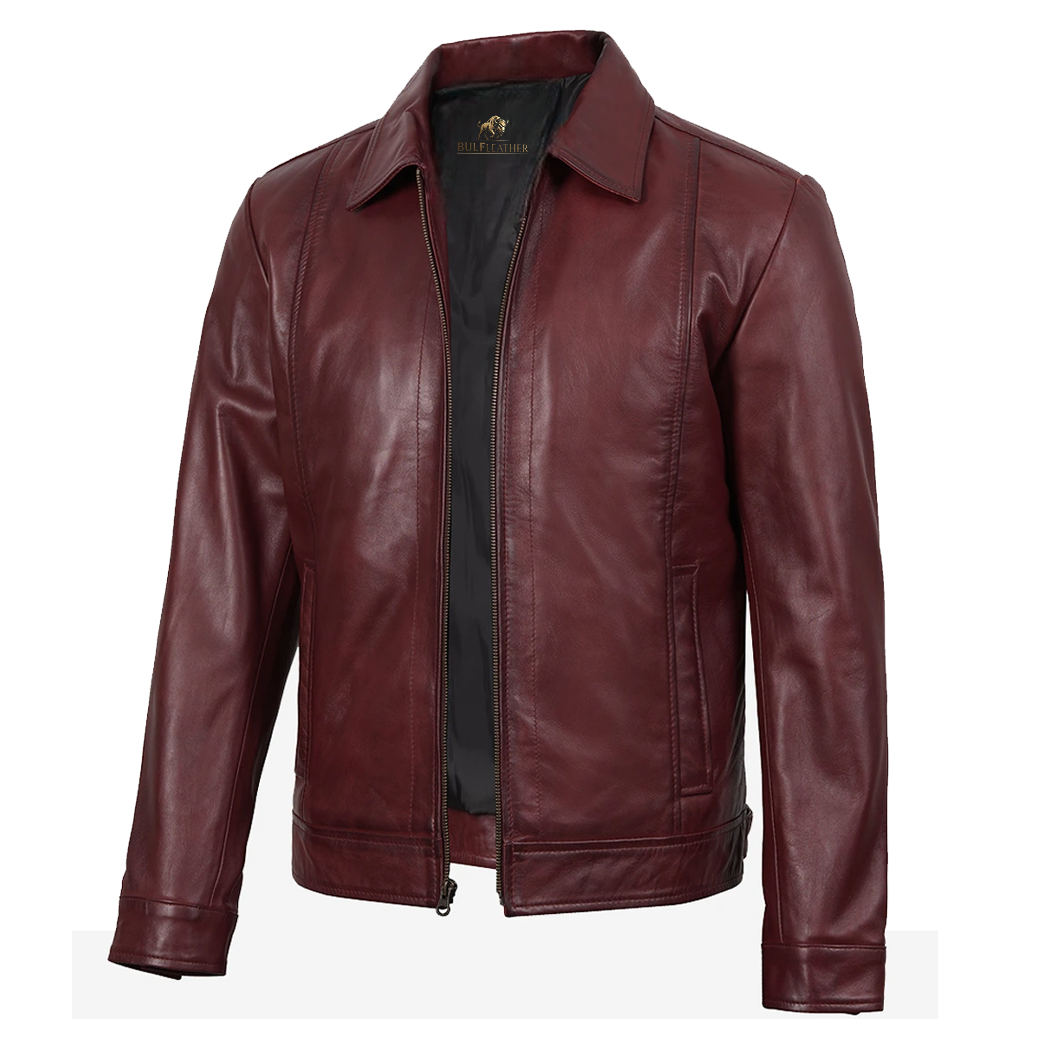 Mens Classic Burgundy Harrington Leather Jacket