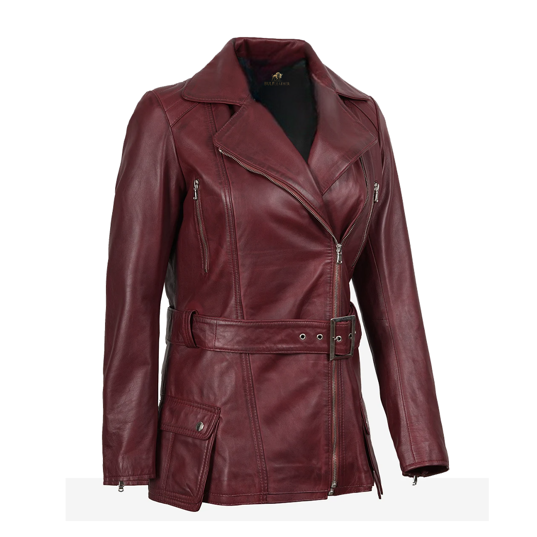 Women’s Asymmetrical Maroon Belted Biker Leather Jacket