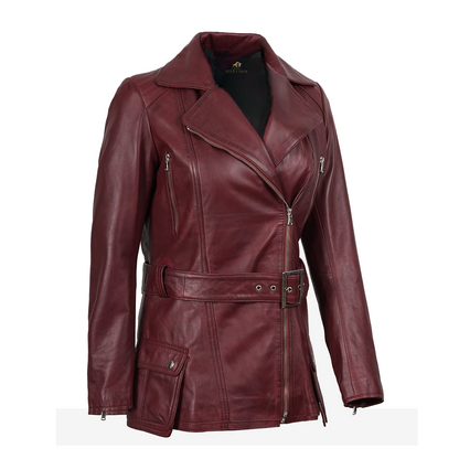 Women’s Asymmetrical Maroon Belted Biker Leather Jacket