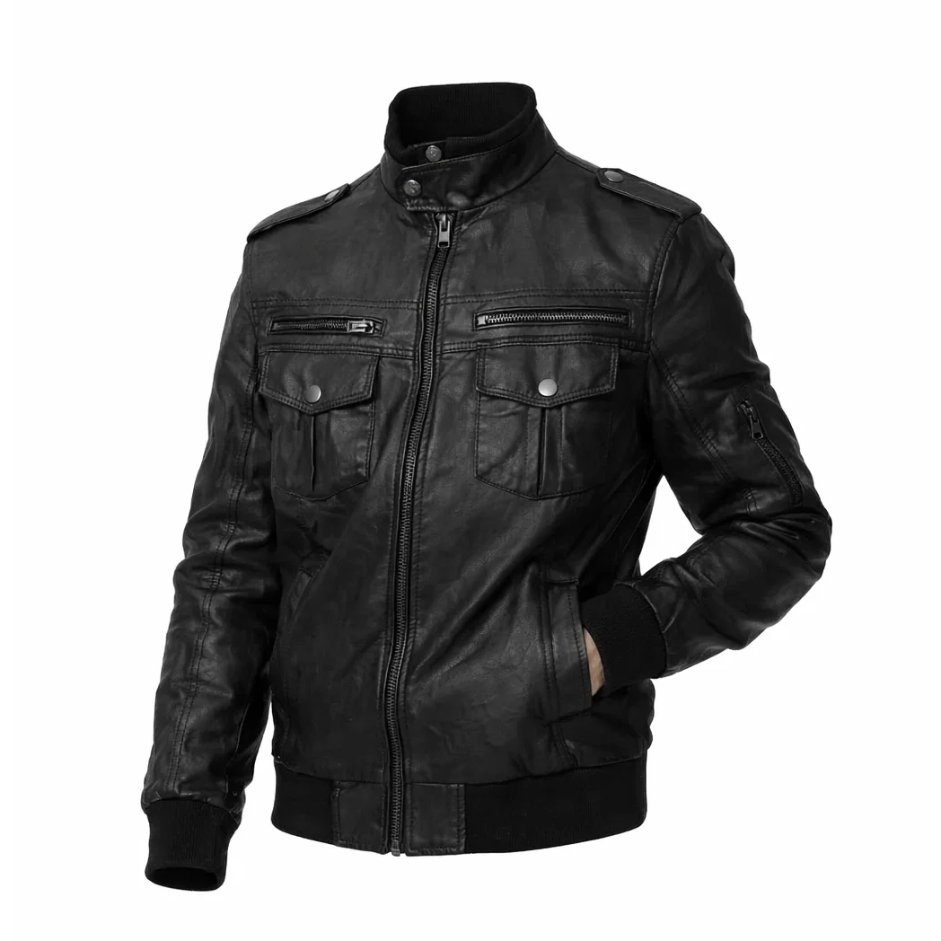Men’s Versatile Black Trucker Leather Bomber Jacket