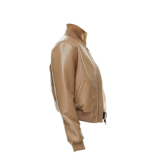 Women’s Camel Faux Leather Bomber Jacket