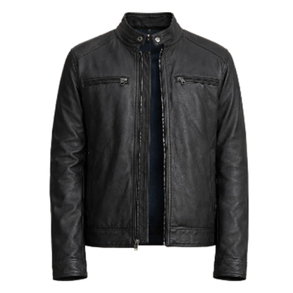 Men’s Black Shoulder Patches Biker Leather Jacket