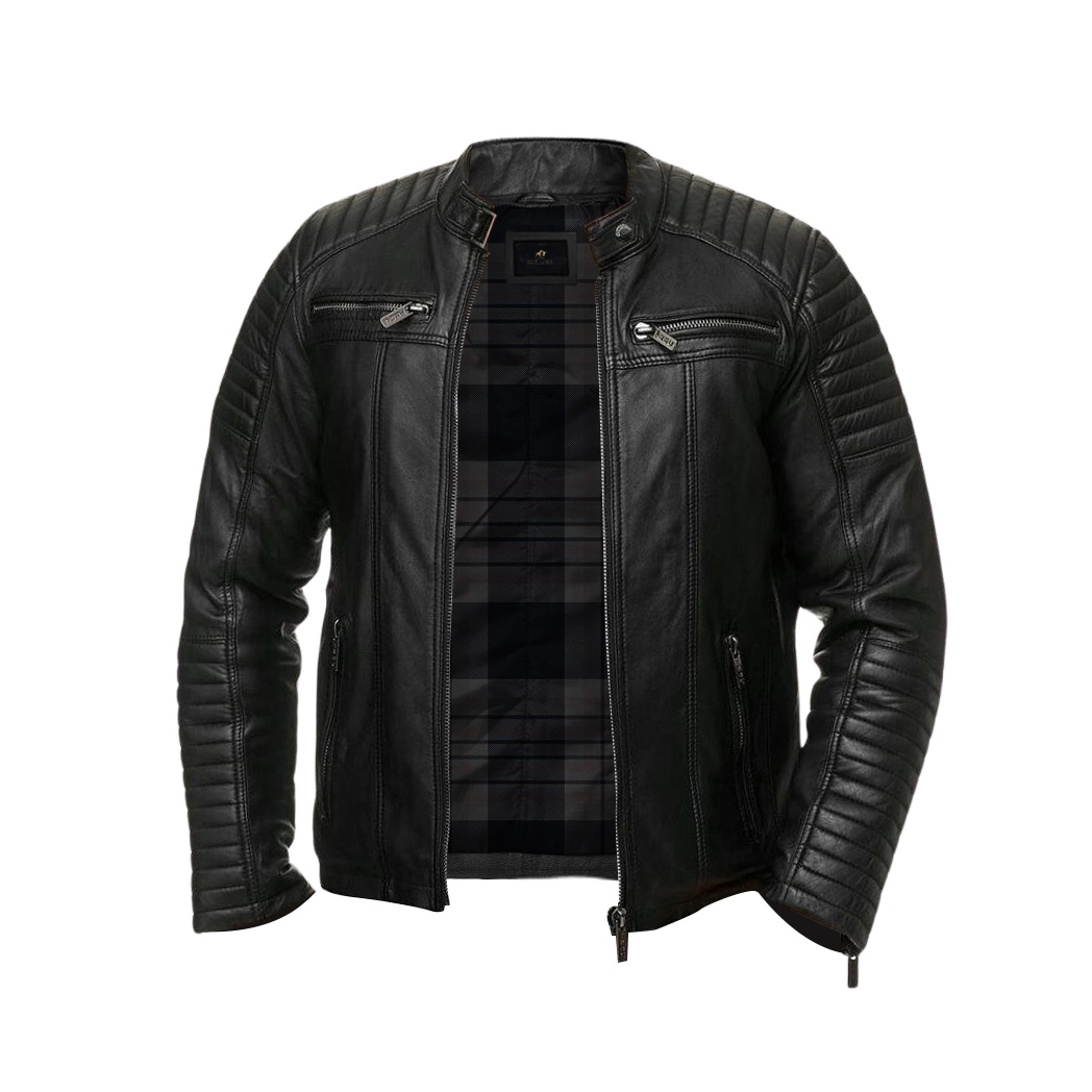 Men Quilted Biker Black Jacket