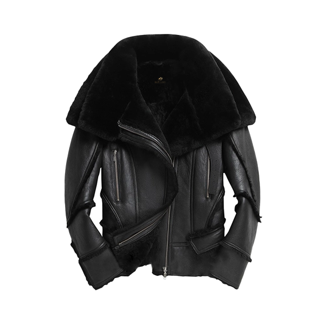 Mens Double Collar Sheepskin Biker Jacket
