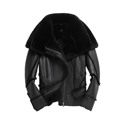 Mens Double Collar Sheepskin Biker Jacket
