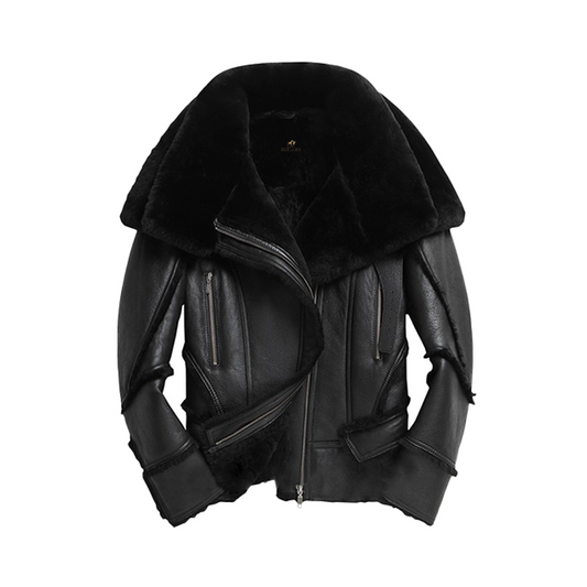 Mens Double Collar Sheepskin Biker Jacket