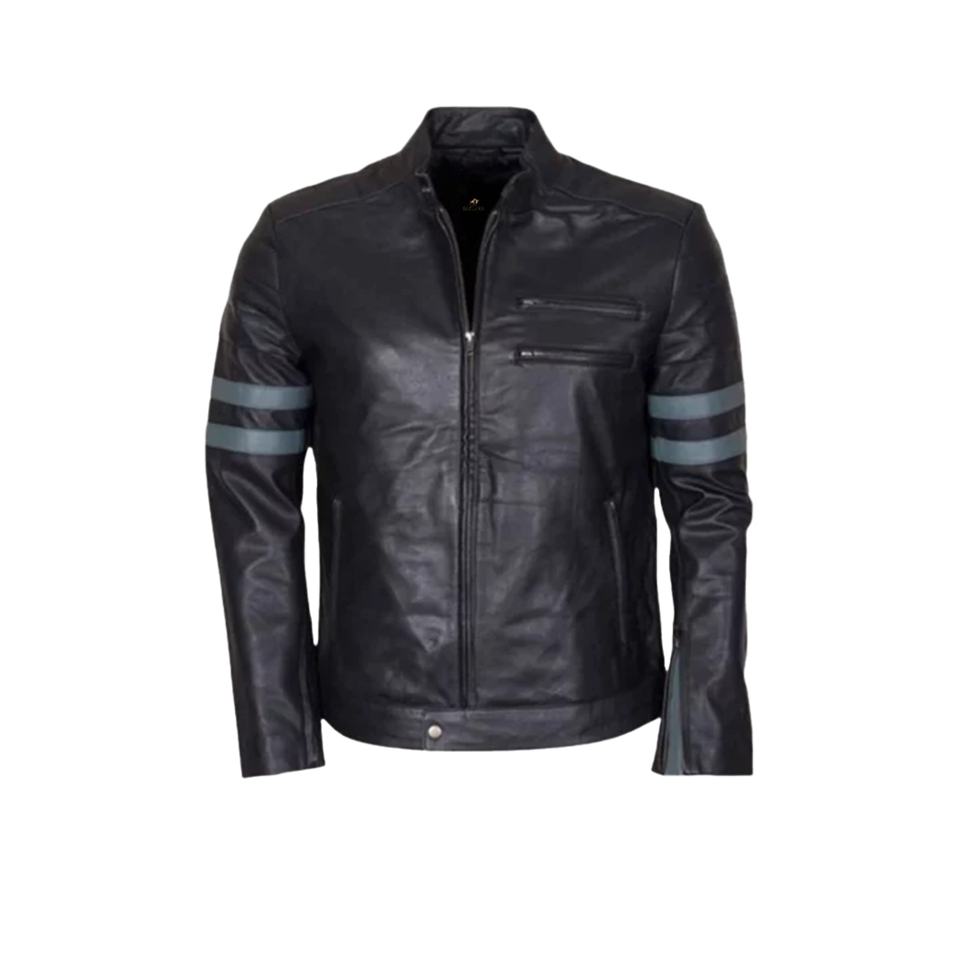 Mens Blue Stripe Retro Black Cafe Racer Jacket