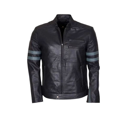 Mens Blue Stripe Retro Black Cafe Racer Jacket
