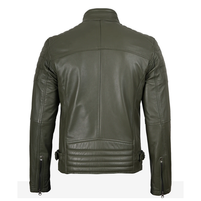 Mens Olive Green Biker Style Leather Jacket