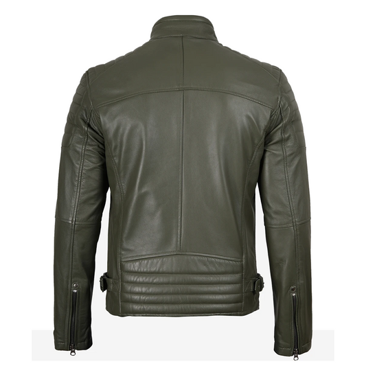Mens Olive Green Biker Style Leather Jacket