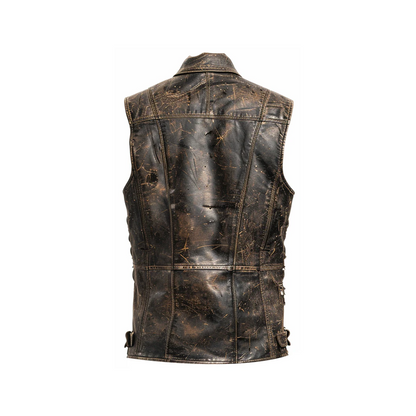 Men Strap Pockets Distressed Brown Leather Vest