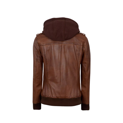 Womens Leather Bomber Jacket With Removable Hood