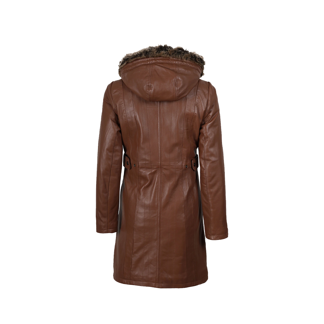 Women’s Brown Real Leather Coat With Removable Hood