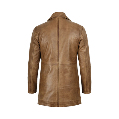 Men’s Camel Brown 3/4 Length Leather Coat