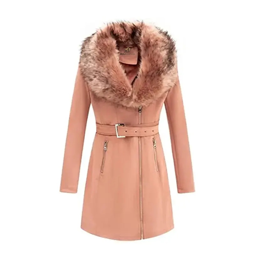 Women’s Pink Suede Leather Pea Coat