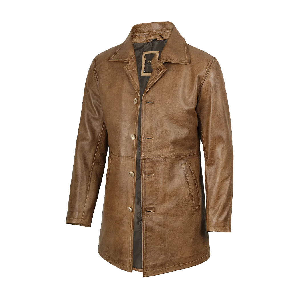 Men’s Camel Brown 3/4 Length Leather Coat